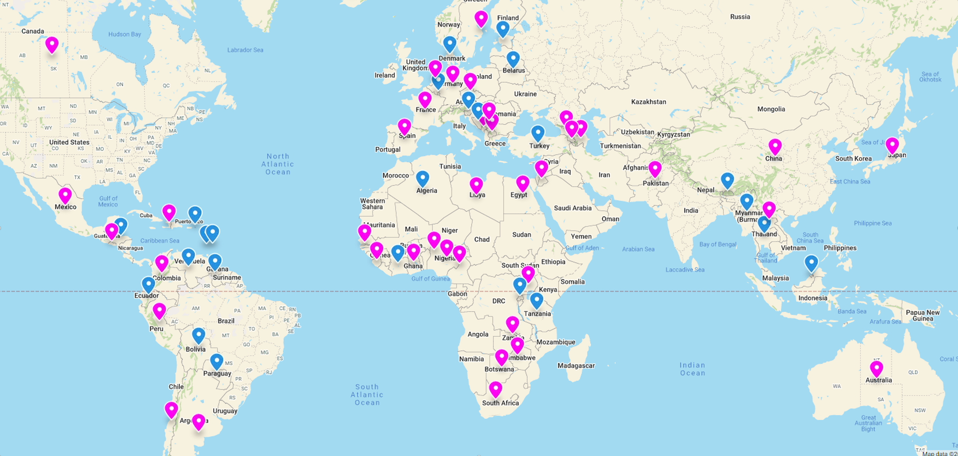 This map shows where UMC training participants came from in 2021. The blue markers indicate places from which there had been no training participants since at least 2010. Map: Padlet