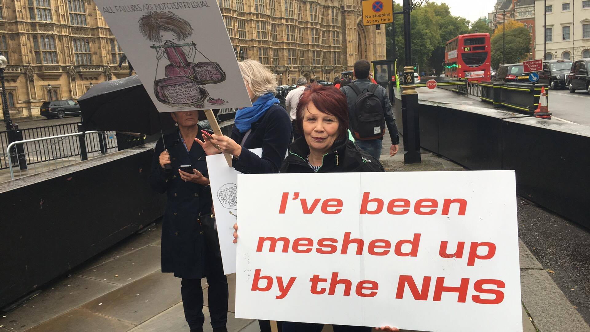 Sling The Mesh protests in London, UK. Top right: Kath Sansom with UK Member of Parliament Emma Hardy. Photos: Sling The Mesh.